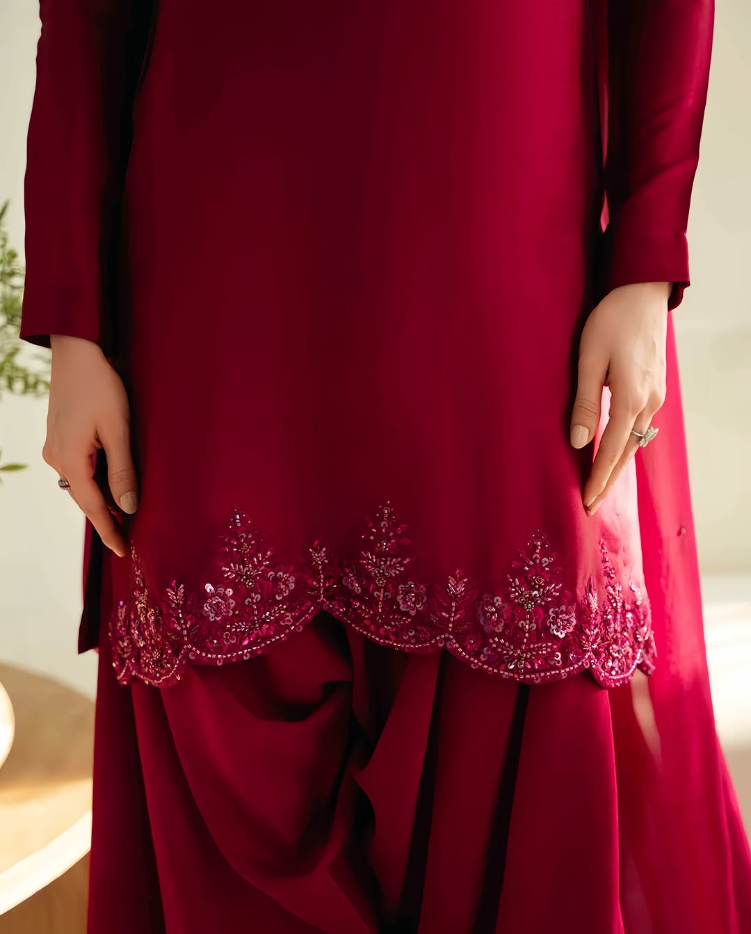Ruby Red Embroidered Sharara Suit