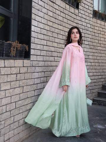 Embroidered Silk Ensemble Elegant pastel pink & mint green ensemble