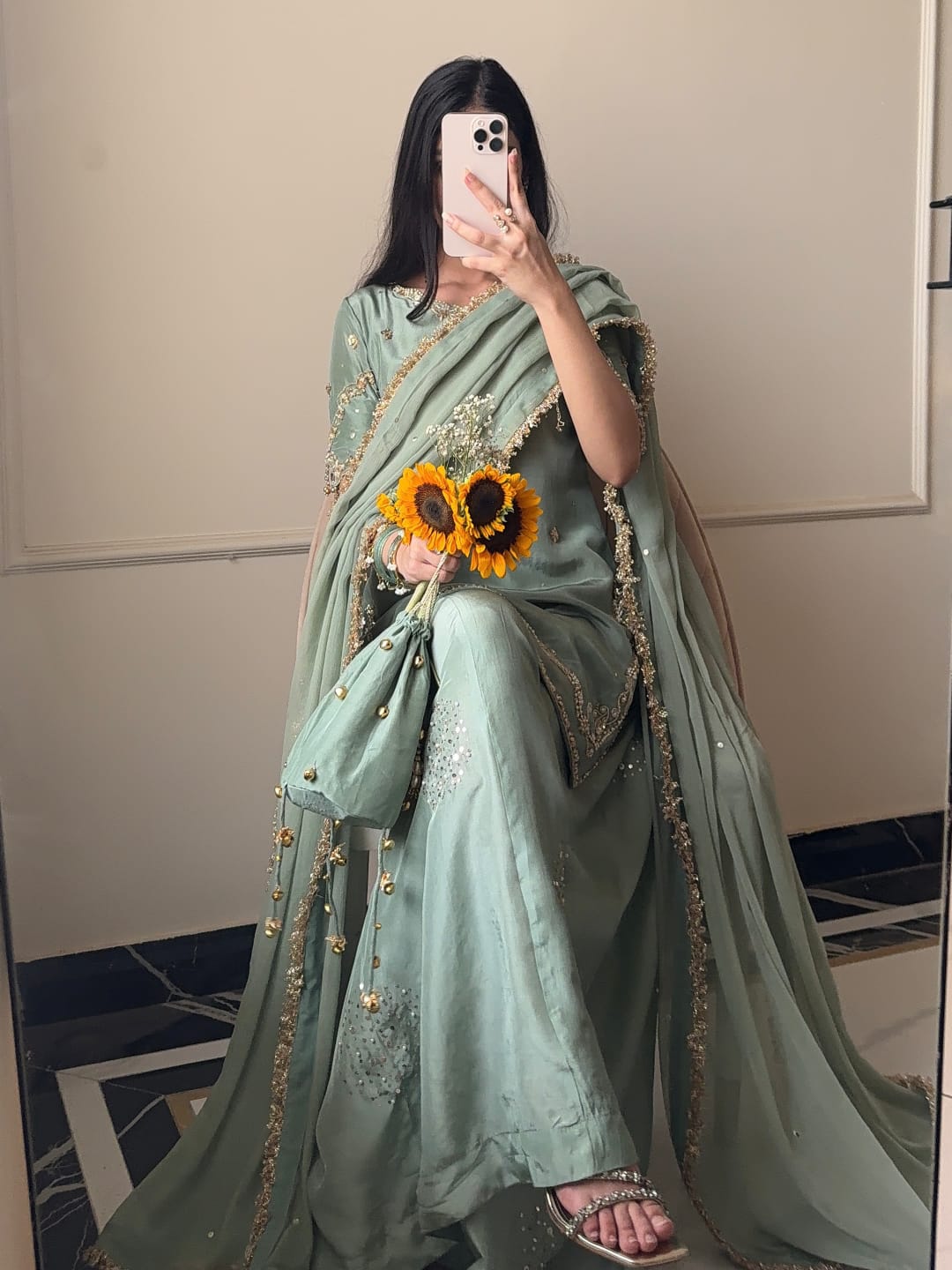 Elegant Mint Green Embroidered 3-Piece Suit