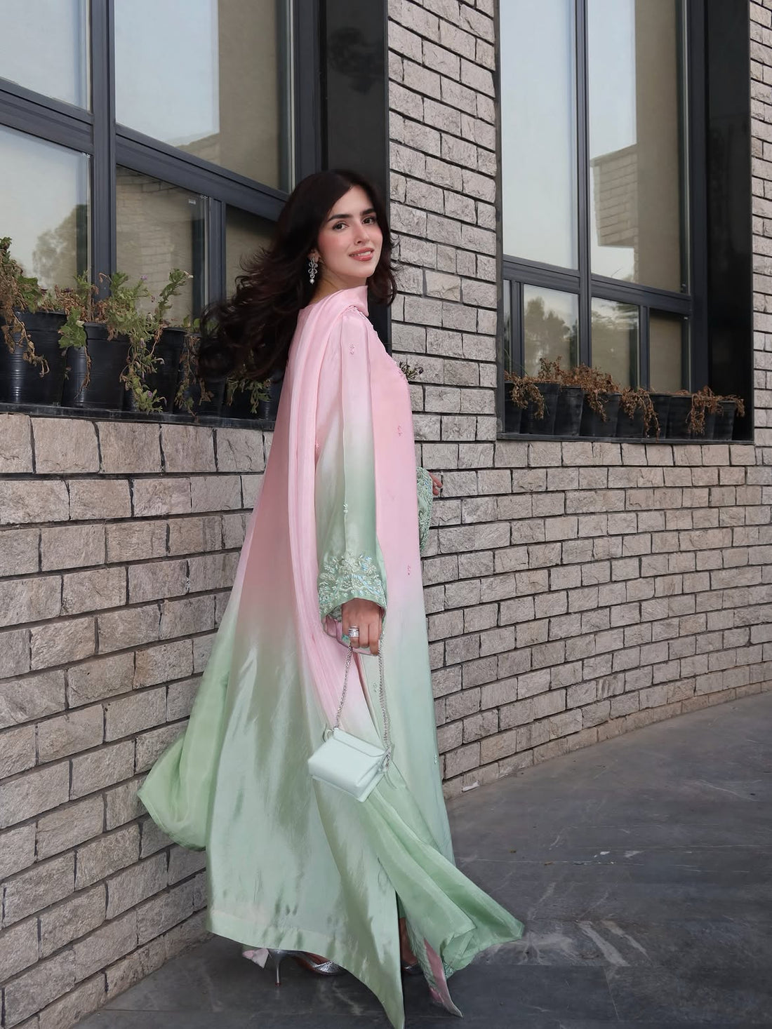 Embroidered Silk Ensemble Elegant pastel pink & mint green ensemble